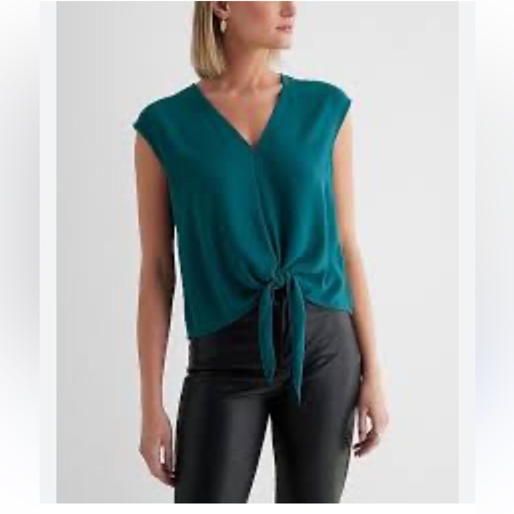 Satin V-Neck Tie Front Gramercy Tee. Teal Green. Size Large.